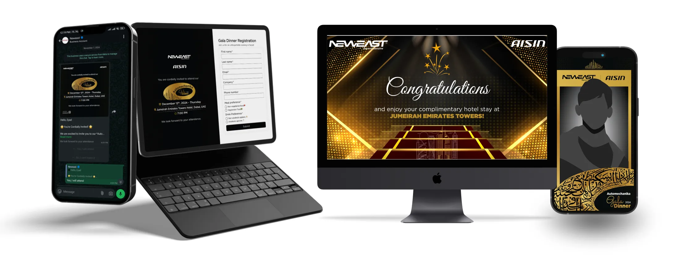The Gala Dinner invitation flow on phone, tablet and screen