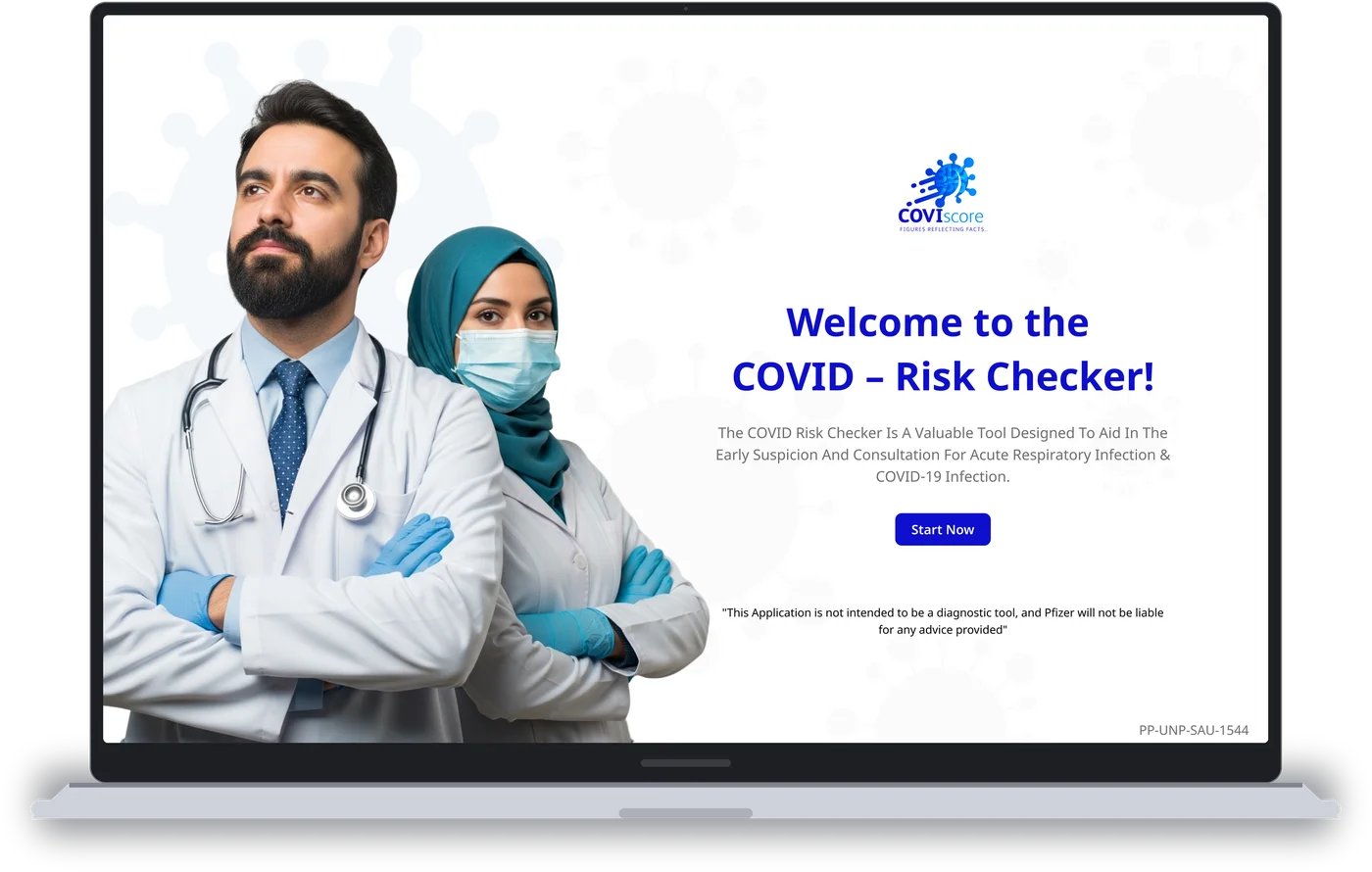COVIscore on a laptop: Welcome to the COVID Risk Checker, beside a doctor and a nurse