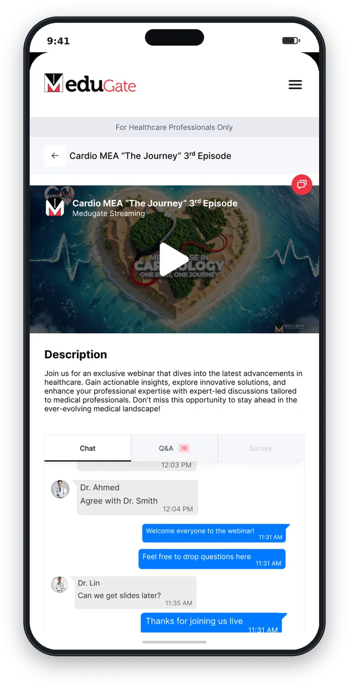 eduGate on a phone: a Cardio MEA episode with its description and chat