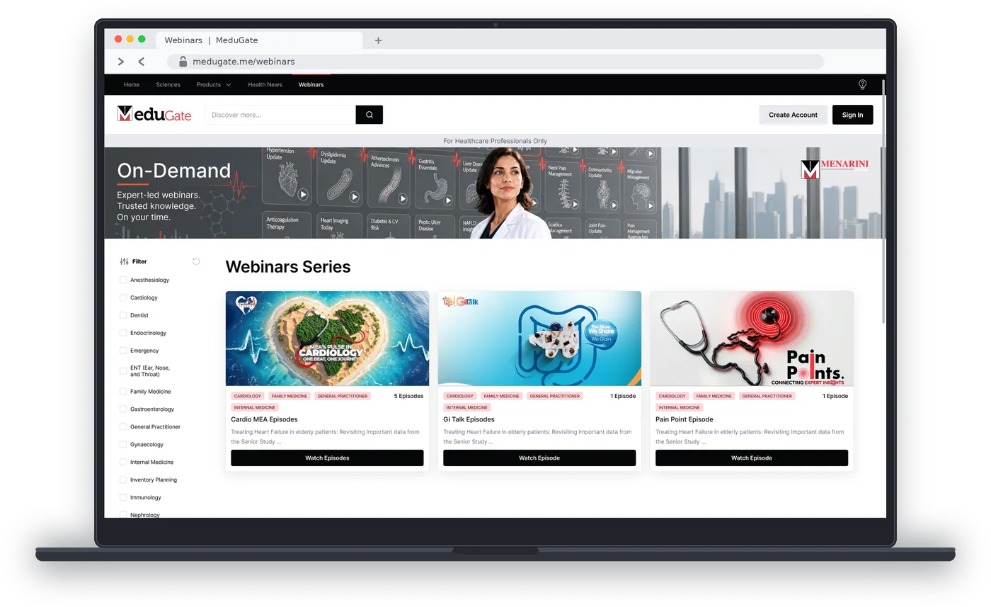 eduGate on a laptop: On Demand webinar series with cards for each therapy area