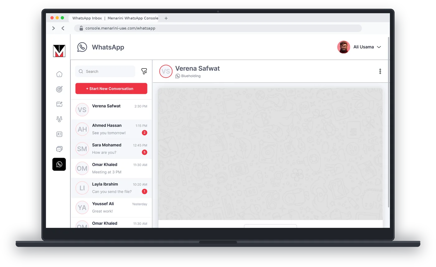 The Menarini WhatsApp console inbox: conversations with HCPs listed beside the open chat