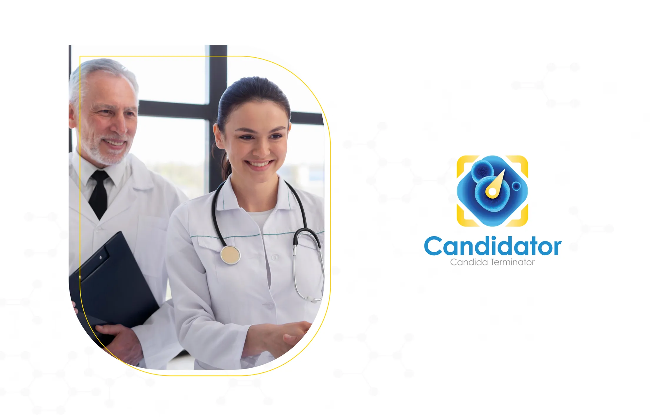 Two clinicians beside the Candidator logo