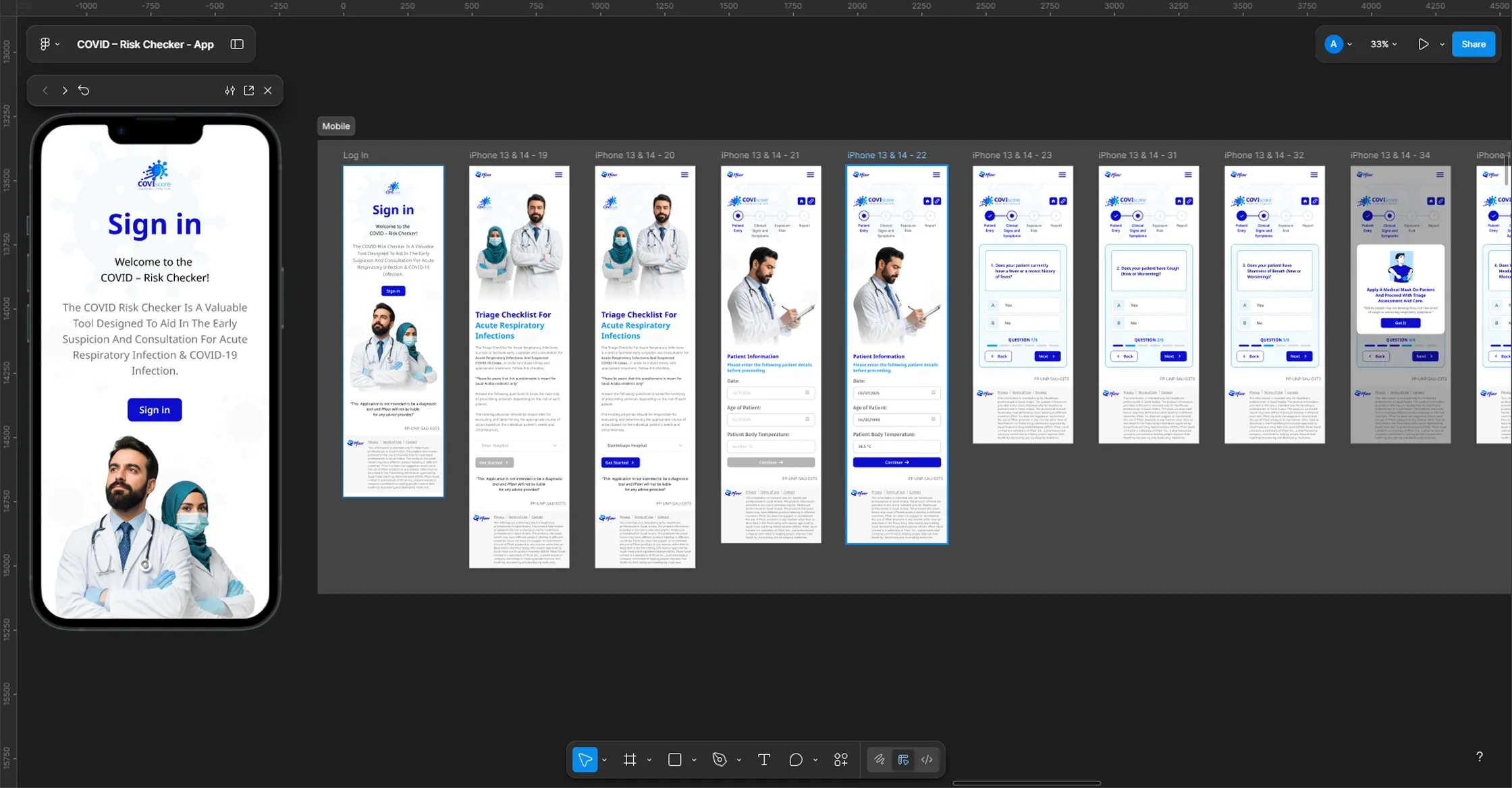 The app designed in Figma: sign-in on a phone, beside the full set of mobile screens