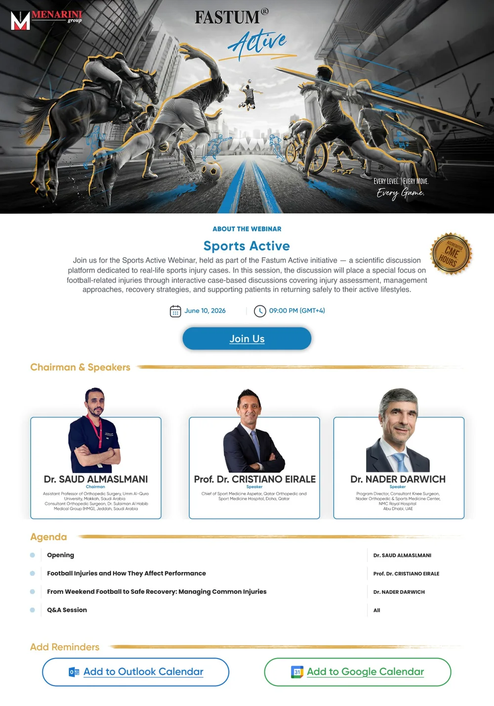 The Fastum Active invitation email: the Sports Active webinar, its date, the chairman and speakers, the agenda and calendar buttons