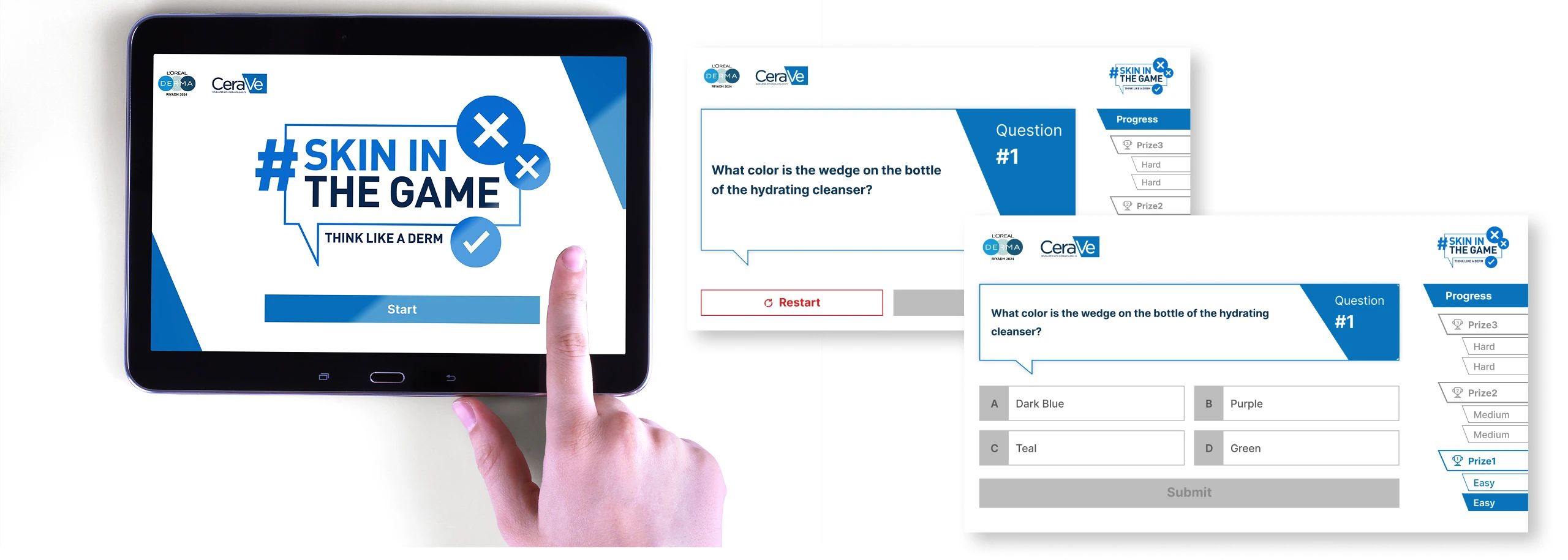 An exhibition quiz game on a tablet with its question screens