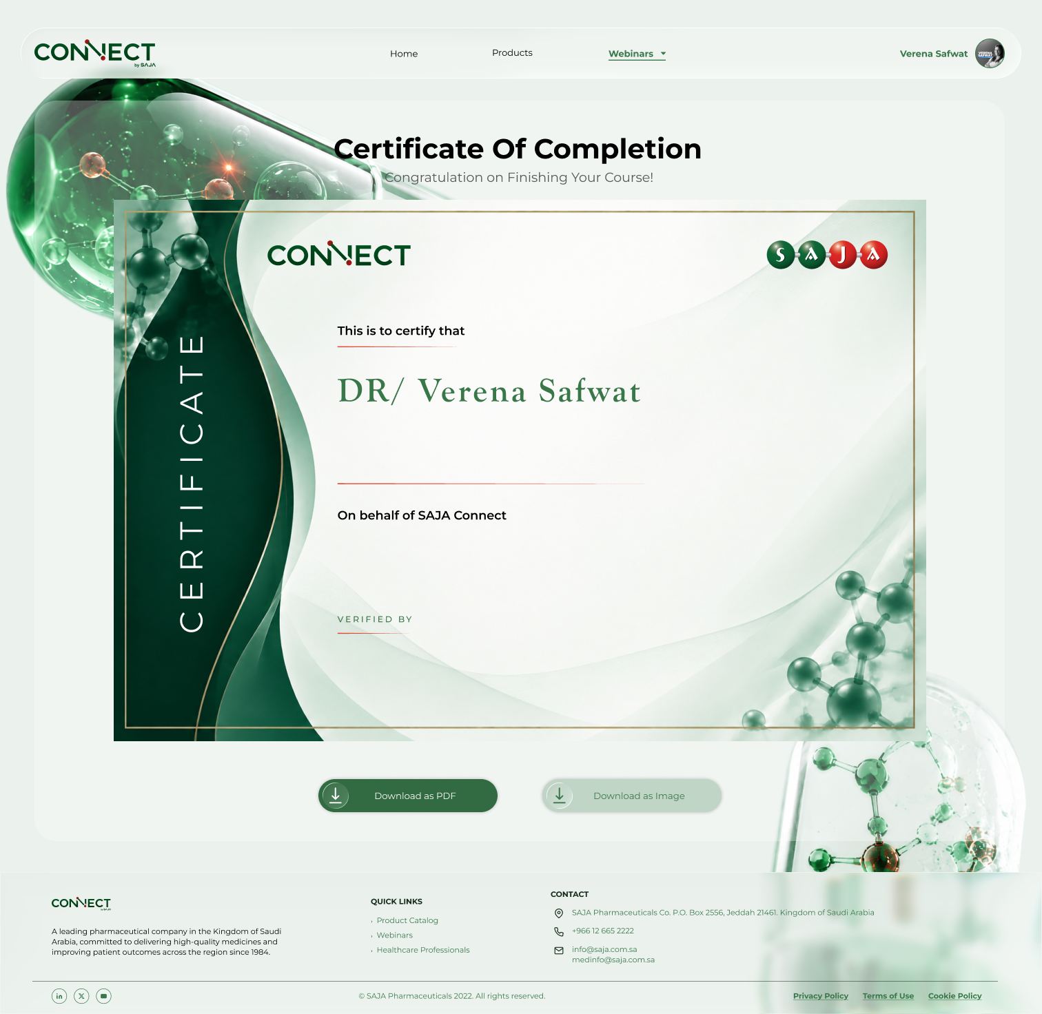 Certificate of completion page: the learner's certificate, made out to Dr. Verena Safwat on behalf of SAJA Connect, with buttons to download it as a PDF or as an image