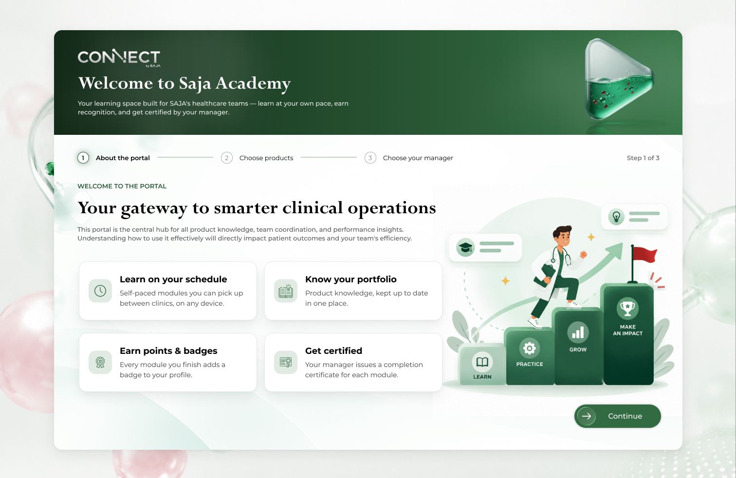 Onboarding: welcome to Saja Academy, with what the portal offers: learning on your schedule, knowing your portfolio, earning points and badges, and getting certified