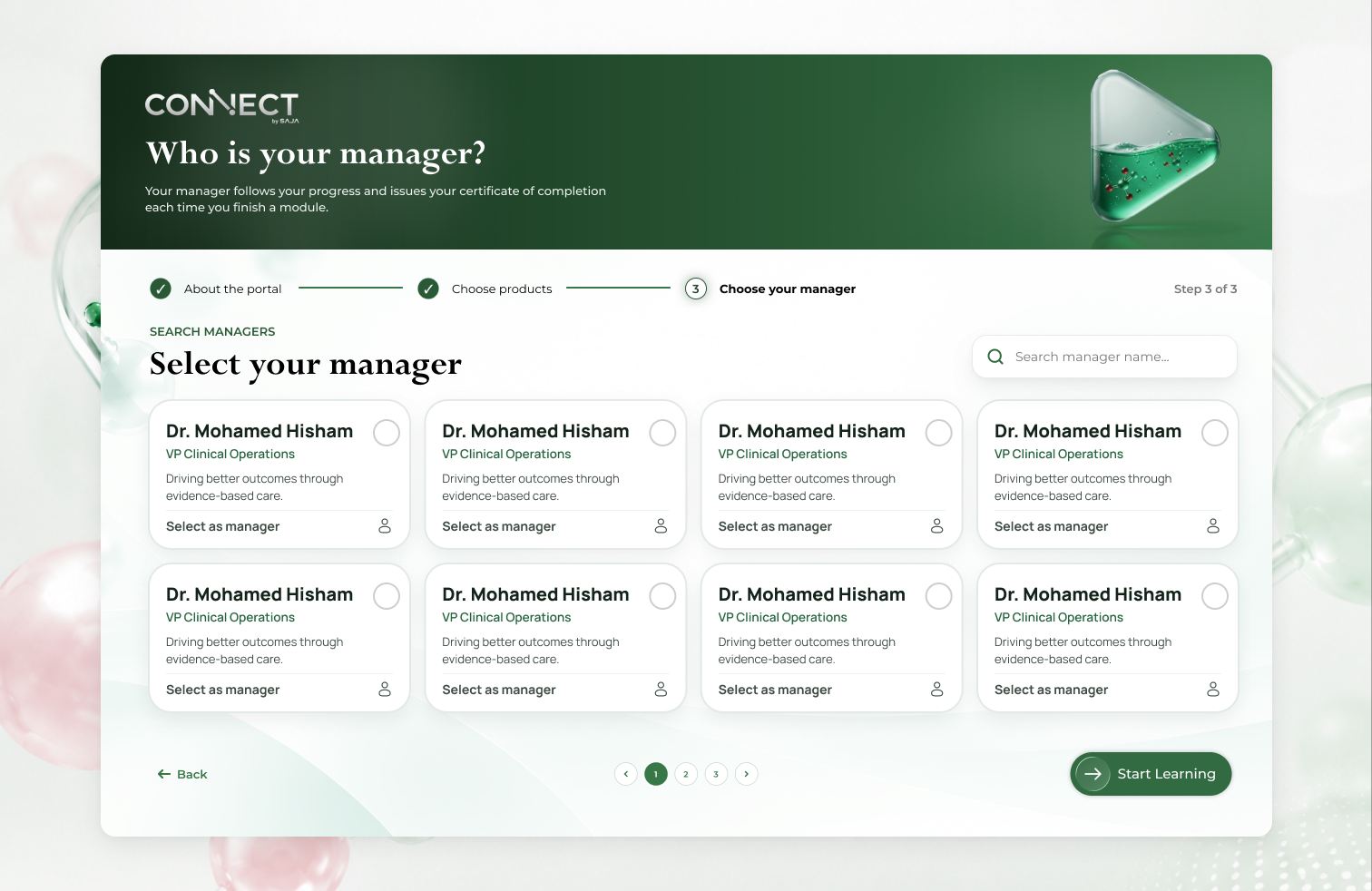 Onboarding, step 3 of 3: 'Who is your manager?', a searchable grid of manager cards to pick the one manager who follows your progress and issues your certificate, with a Start Learning button
