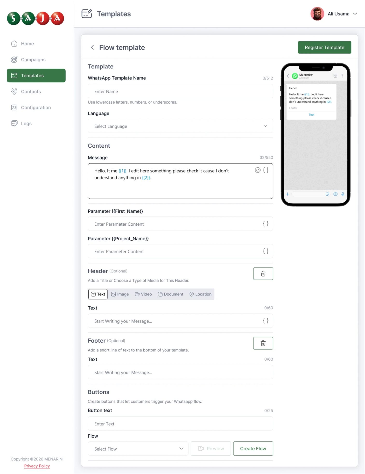 Building a WhatsApp flow template: name, language, message with parameters, header, footer and buttons, with a live phone preview